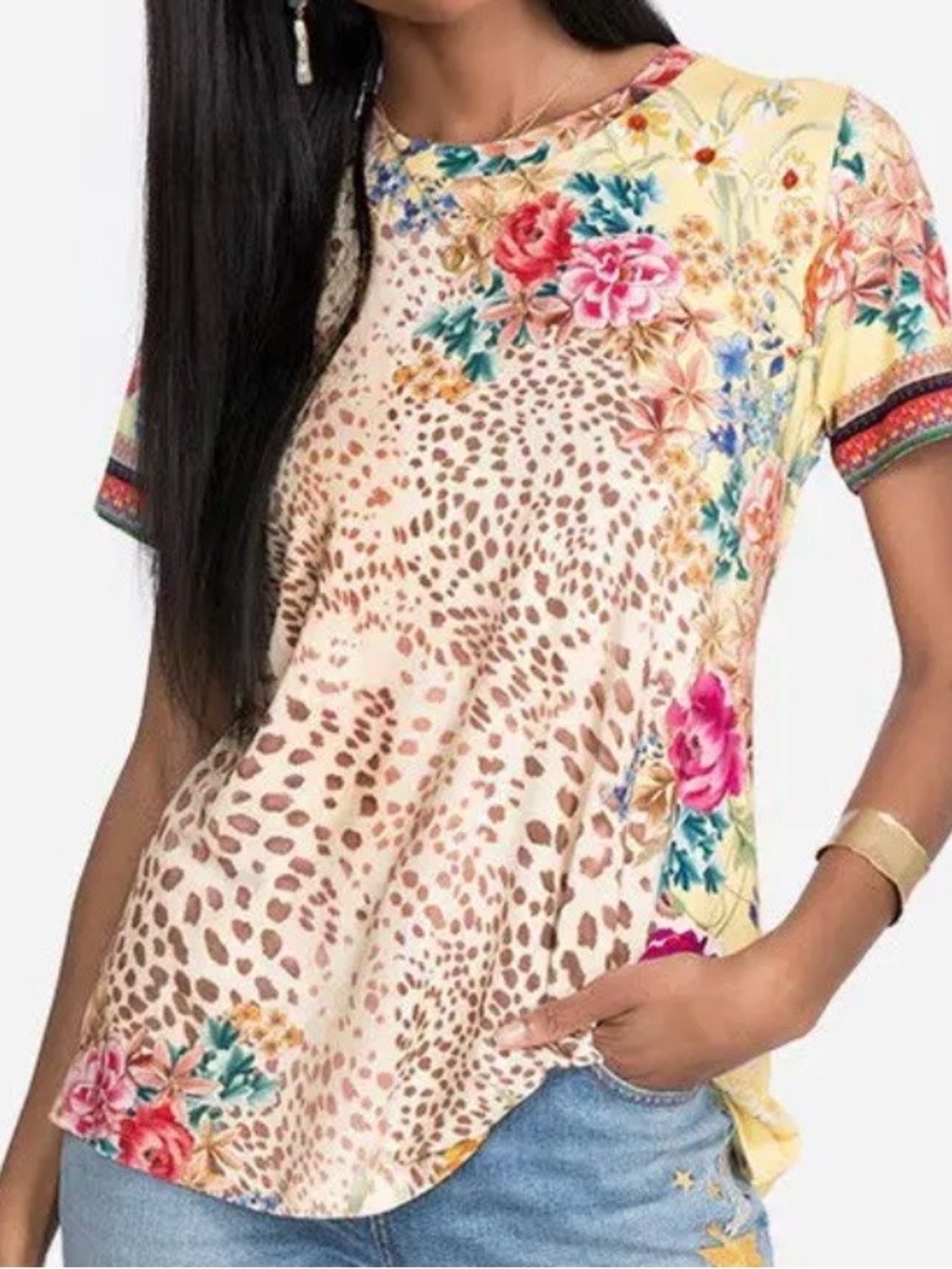 Johnny Was Yellow Floral & Leopard Short Sleeve Tee